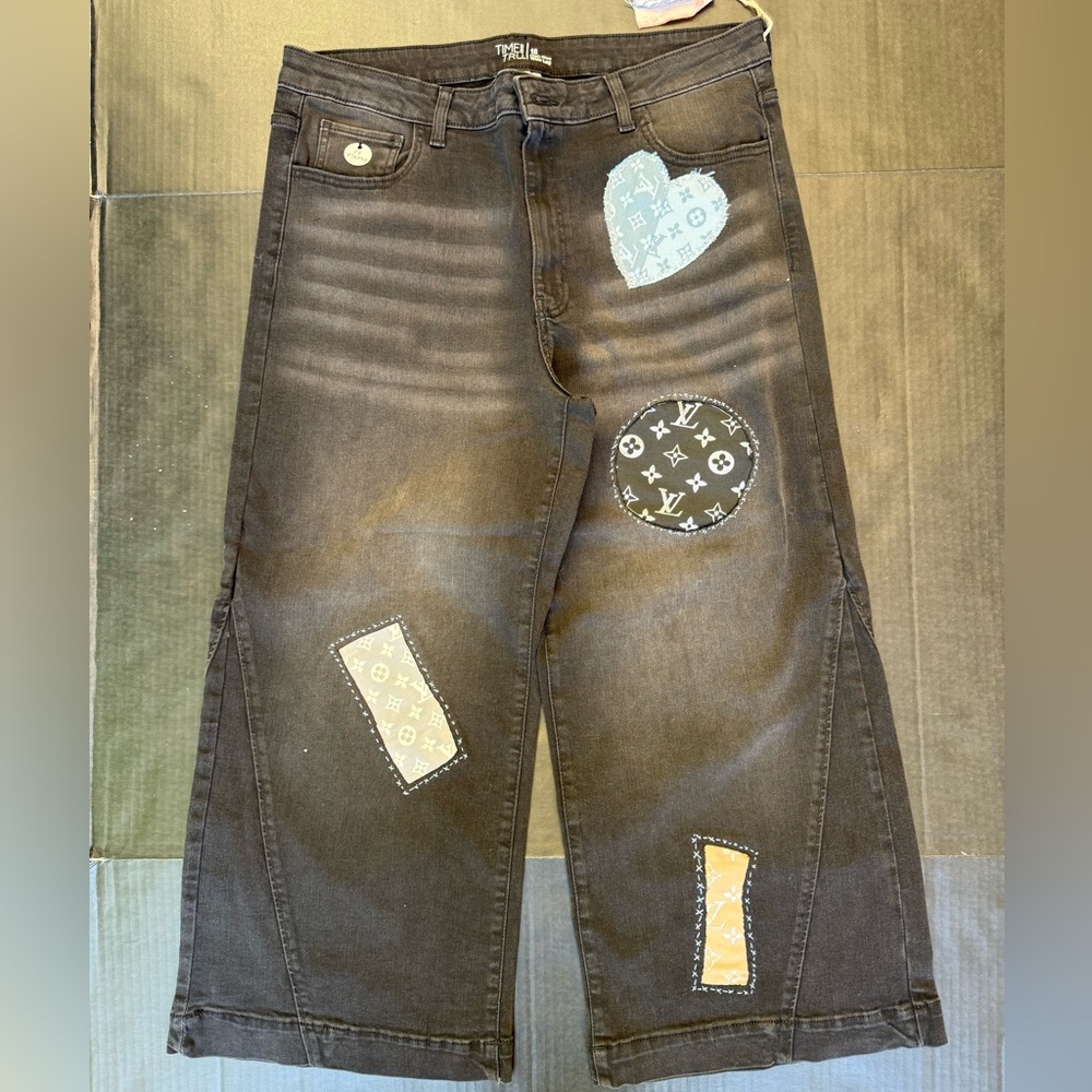 Designer Inspired Hand Stitched Upcycled Denim High Rise Wide Leg Jeans sz 18